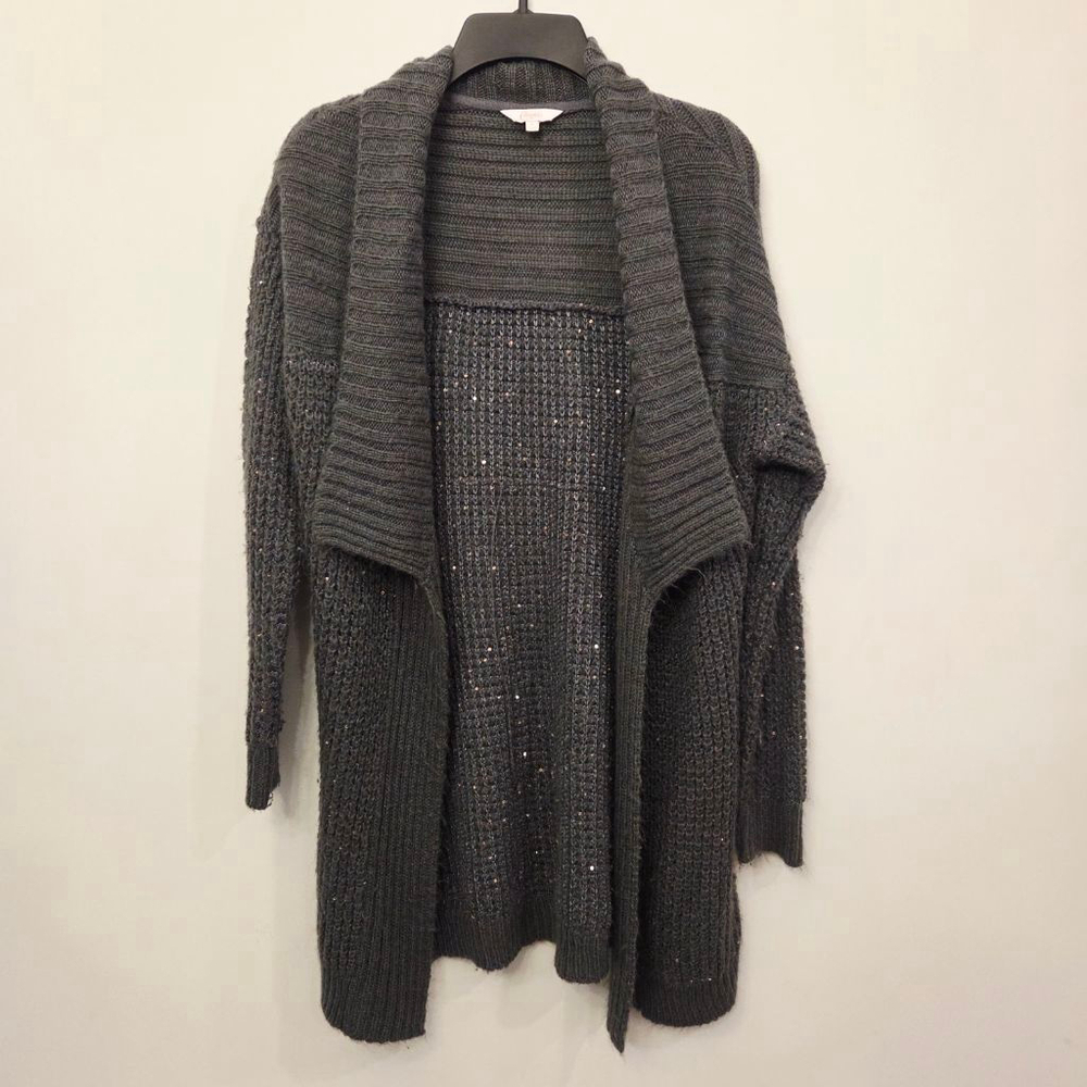 Candie's Gray Sequin Knit Ooen Front Cardigan Sweater Size small